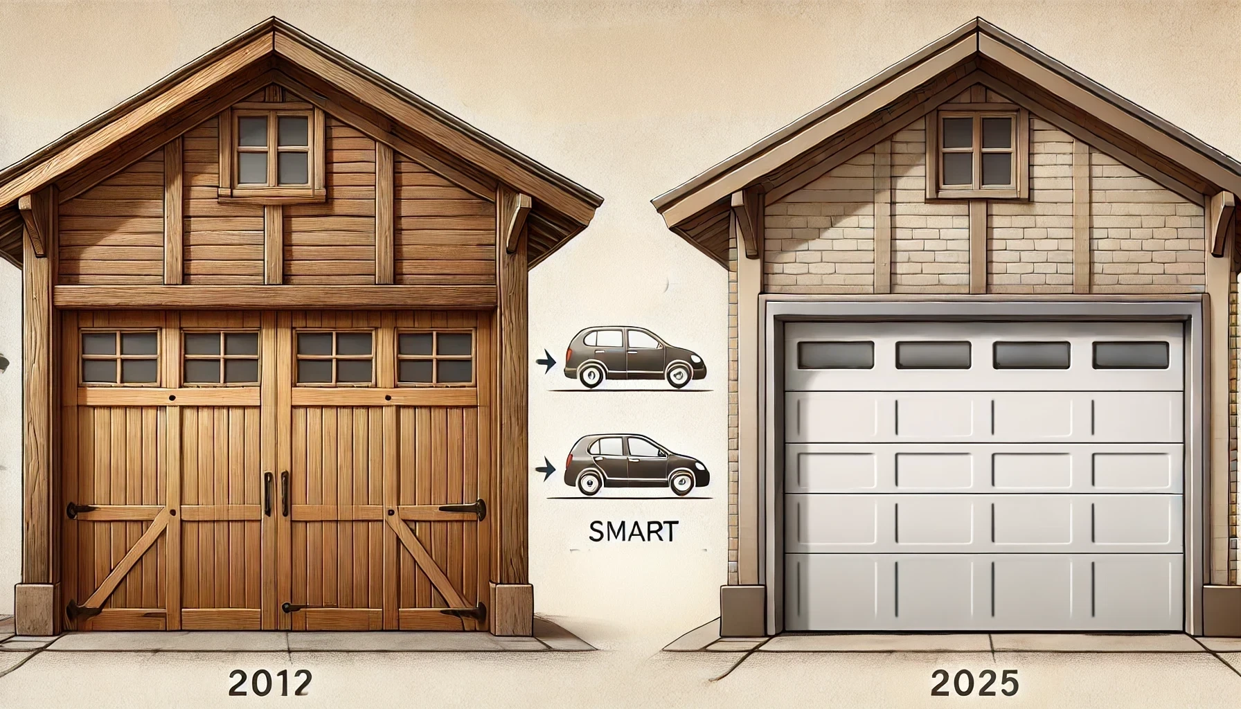 From Manual To Smart The Evolution Of Panel Lift Garage Doors DALL.E 2025 03 17 19.22.06 A Realistic Visual Illustration Depicting The Evolution Of Garage Doors Up To The Year 2025. On The Left A Classic Manually Operated Wooden Garage D.webp